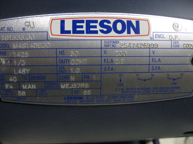 VIKING PUMP ­-­ 2-547-426-999-00 ­-­ LEESON M4S14DB3D 1/3 HP 50 HZ 1425 RPM 230 V