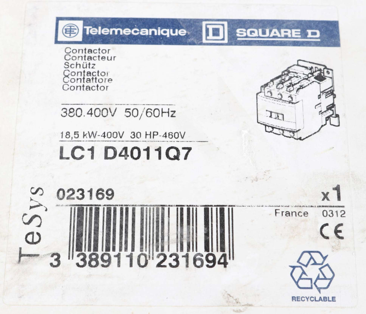 TELEMECANIQUE  ­-­ LC1D4011Q7 ­-­ TeSys D Contactor 380.400V 50/60HZ