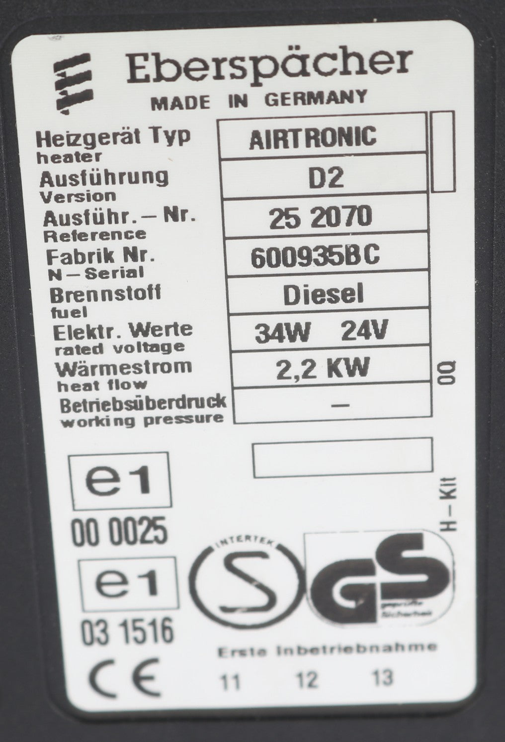 VOLVO ­-­ 11715616 ­-­ HEATER -AIRTRONIC 24V EBERSPACHER 25.2070.05.00.00