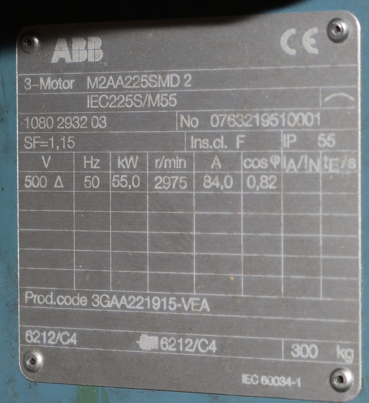 ABB CORP ­-­ 3GAA221915-VEA ­-­ ELECTRIC MOTOR 55kW 500V 50Hz