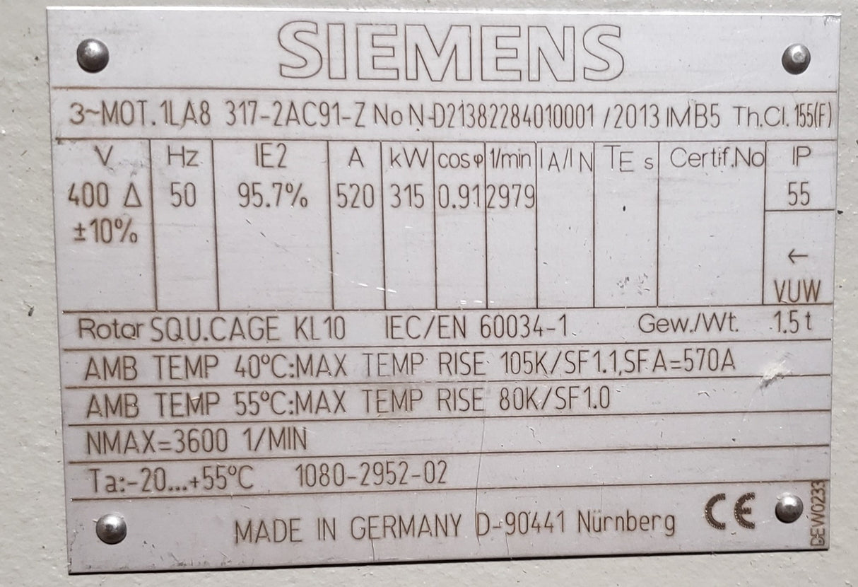 SIEMENS ­-­ 1LA8317-2AC91-Z ­-­ ELECTRIC MOTOR 315 kW 400V 50Hz