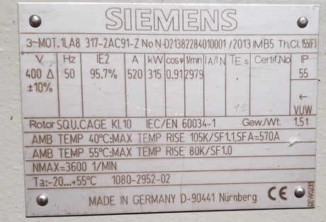 SIEMENS ­-­ 1LA8317-2AC91-Z ­-­ ELECTRIC MOTOR 315 kW 400V 50Hz