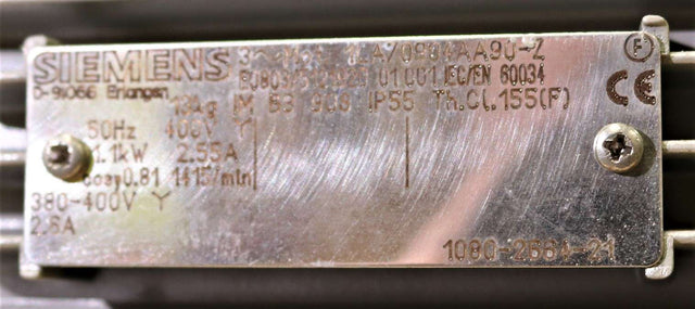 SIEMENS ­-­ 1LA7090-4AA90-Z ­-­ FAN MOTOR 50HZ  400V  1.1KW  2.55A SHAFT DIA. 1 IN