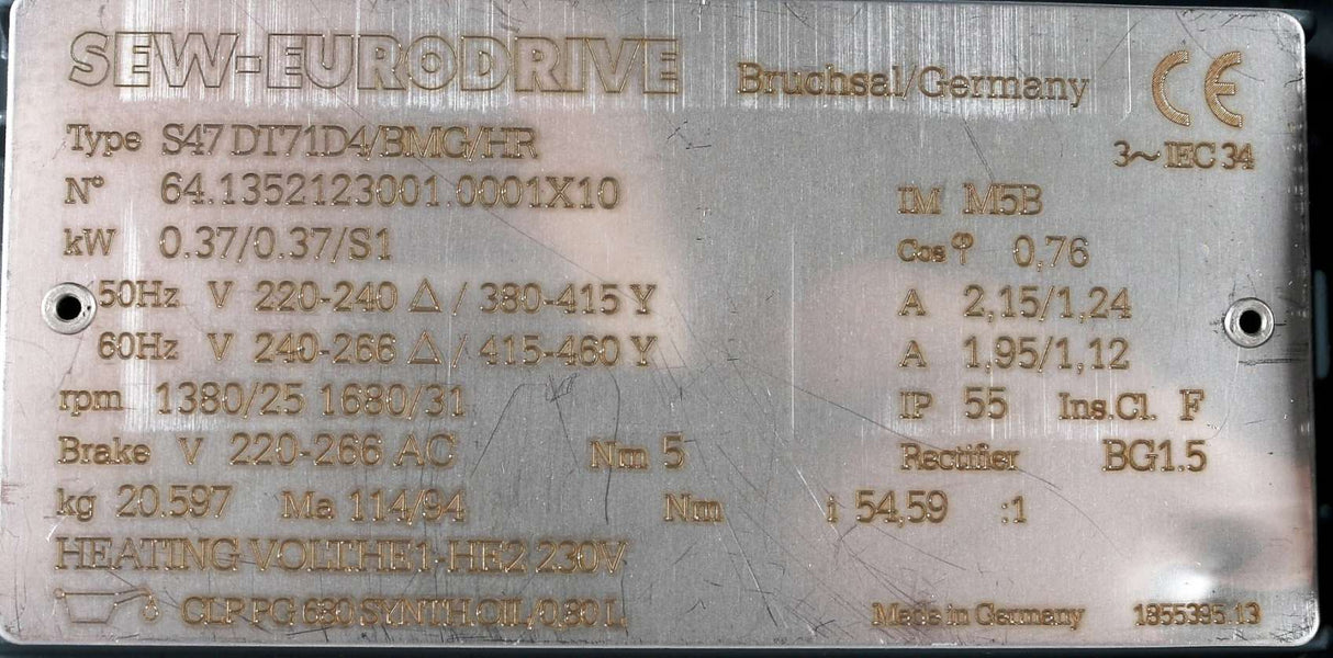 SEW-EURODRIVE ­-­ S47DT71D4/BMG/HR ­-­ GEARMOTOR UNIT 0.37kW 50/60Hz 25/31RPM OUT