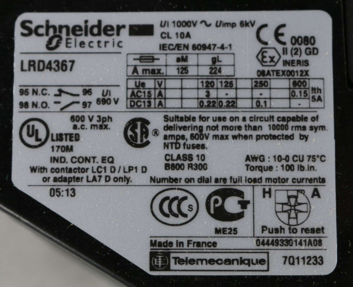 SCHNEIDER ELECTRIC ­-­ LRD4367 ­-­ OVERLOAD RELAY 95-120A