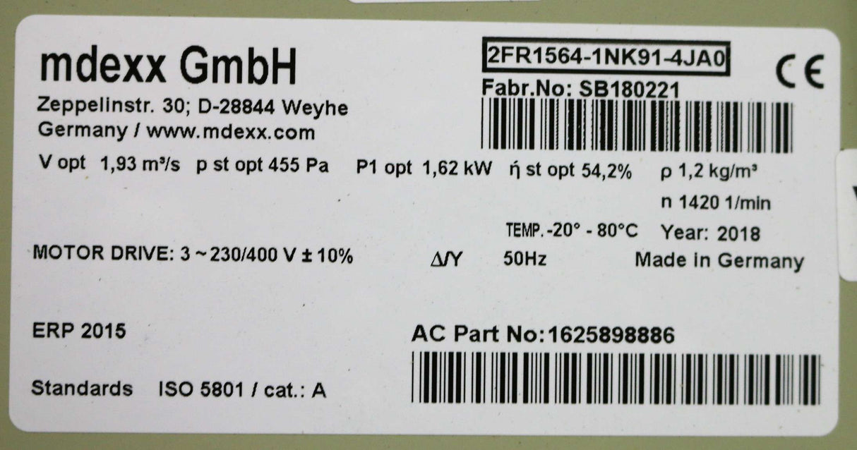 MDEXX ­-­ 2FR1564-1NK91-4JA0 ­-­ FAN 1.93 CU METER/SEC 1.62kW 230/400V 50Hz