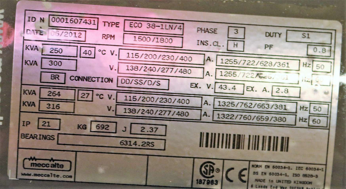 MECC ALTE SpA ­-­ ECO38-1LN/4_0001607431 ­-­ ALTERNATOR 250/300kVA 115-400/138-480V 50/60Hz