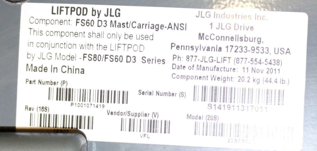 JLG ­-­ 1001071419 ­-­ ASSY FS60 MAST/CARRIAGE