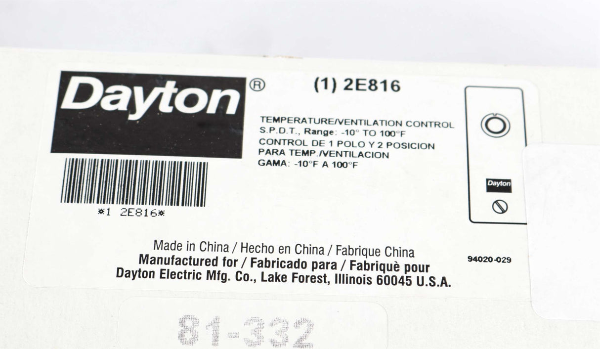 DAYTON ­-­ 2E816 ­-­ THERMOSTAT - LINE VOLTAGE 10 TO 100 DEG F SPDT