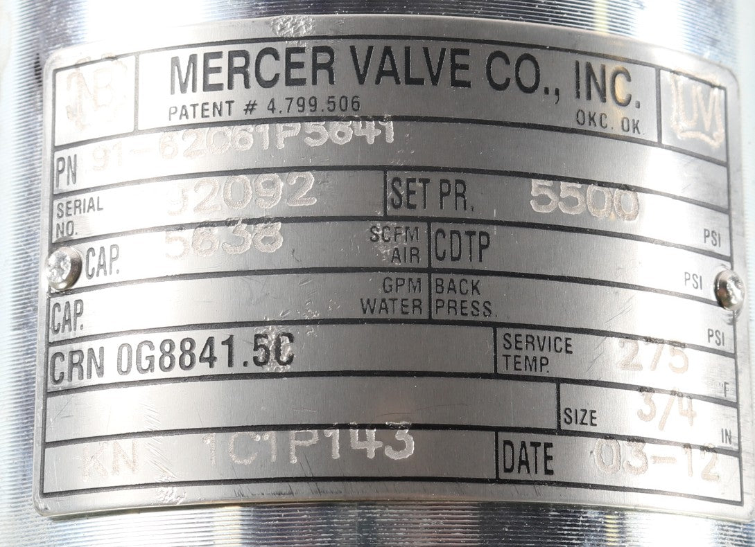 MERCER VALVE CO ­-­ 91-62C61P5641 ­-­ SAFETY RELIEF VALVE