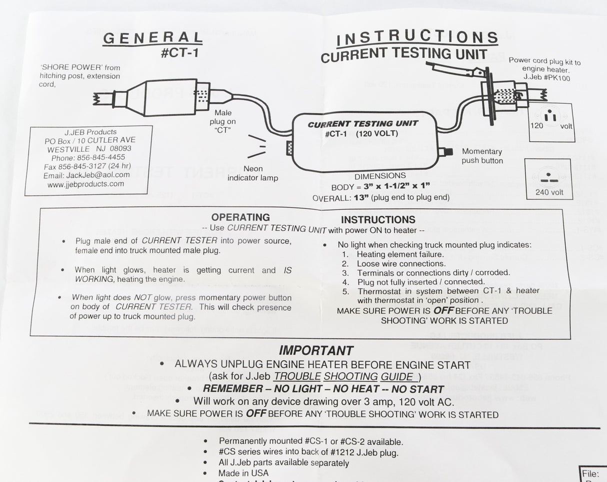 J. JEB CO. ­-­ CT1 ­-­ CURRENT TESTING UNIT