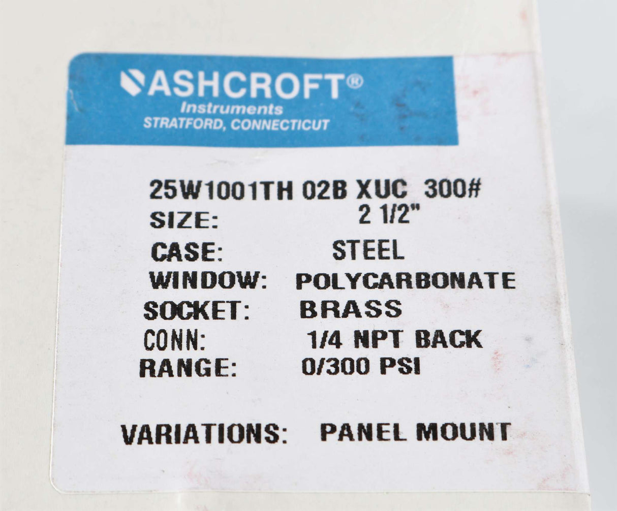 ASHCROFT ­-­ 25W1001TH-02B-XUC-300 ­-­ PRESSURE GAUGE 0-300PSI 2.5in 1/4 NPT PANEL MOUNT