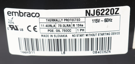 EMBRACO ­-­ NJ6220Z ­-­ REFRIGERATION COMPRESSOR - HERMETIC R-134a