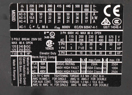 CUTLER HAMMER - XTCE050D00TD - DIL M50 ONTACTOR 50A 3P 24VDC COIL