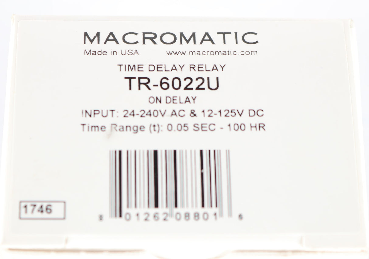 MACROMATIC INDUSTRIAL CONTROLS ­-­ TR-6022U ­-­ RELAY - TIME DELAY ADJUSTABLE 0.05 SEC TO 100 HR
