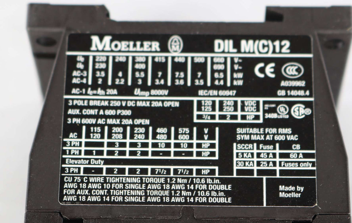 MOELLER ELECTRIC   ­-­ DILM12-10(240V50HZ) ­-­ CONTACTOR (240VAC 50Hz)