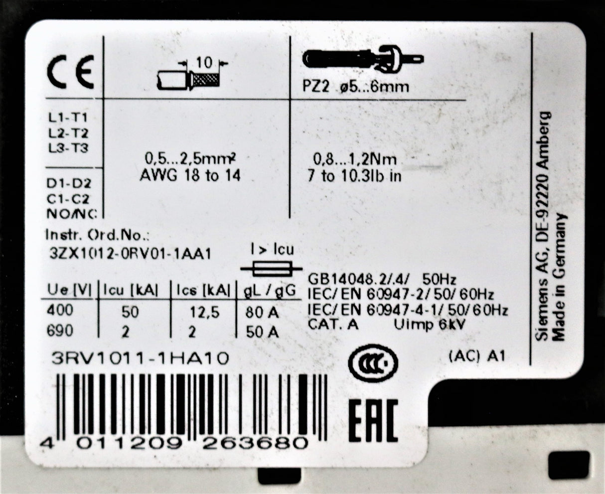 SIEMENS ­-­ 3RV1011-1HA10 ­-­ CIRCUIT BREAKER - ADJUSTABLE 5.5-8 AMP 3P