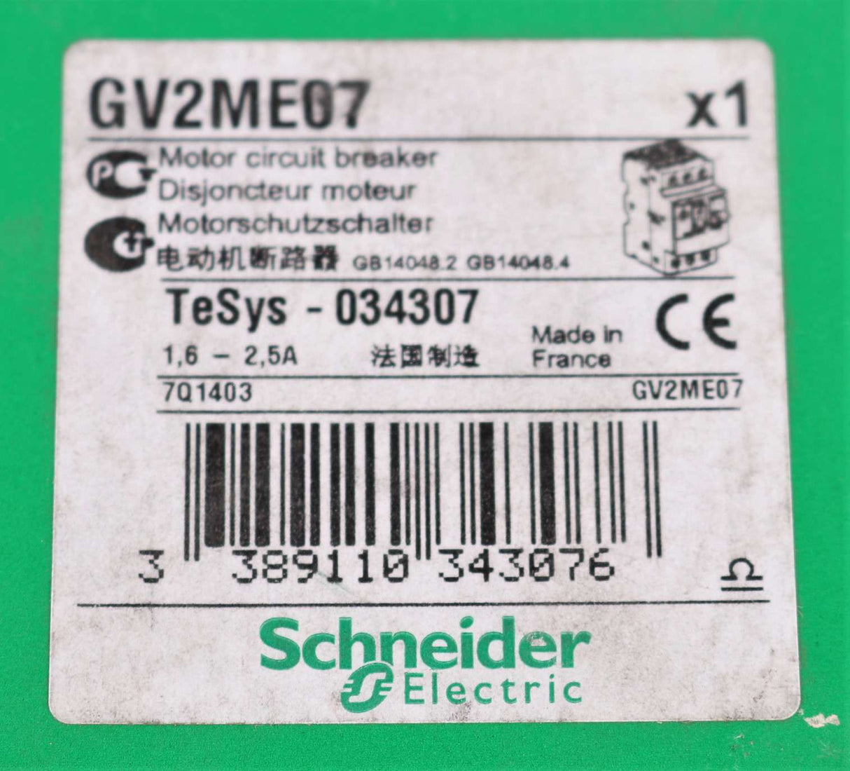 SCHNEIDER ELECTRIC ­-­ GV2ME07 ­-­ CIRCUIT BREAKER - ADJUSTABLE 1.6-2.5A 3P