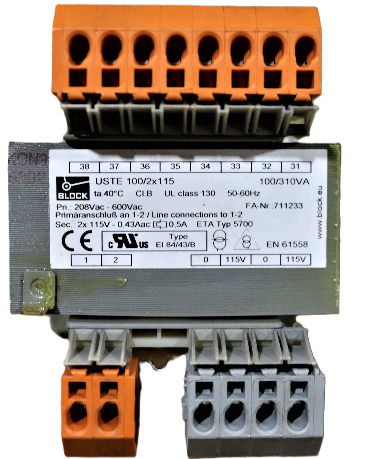 BLOCK Transformatoren-Elektronik ­-­ USTE100/2-115 ­-­ TRANSFORMER 208-600V PRIM 115/230V SEC 310VA