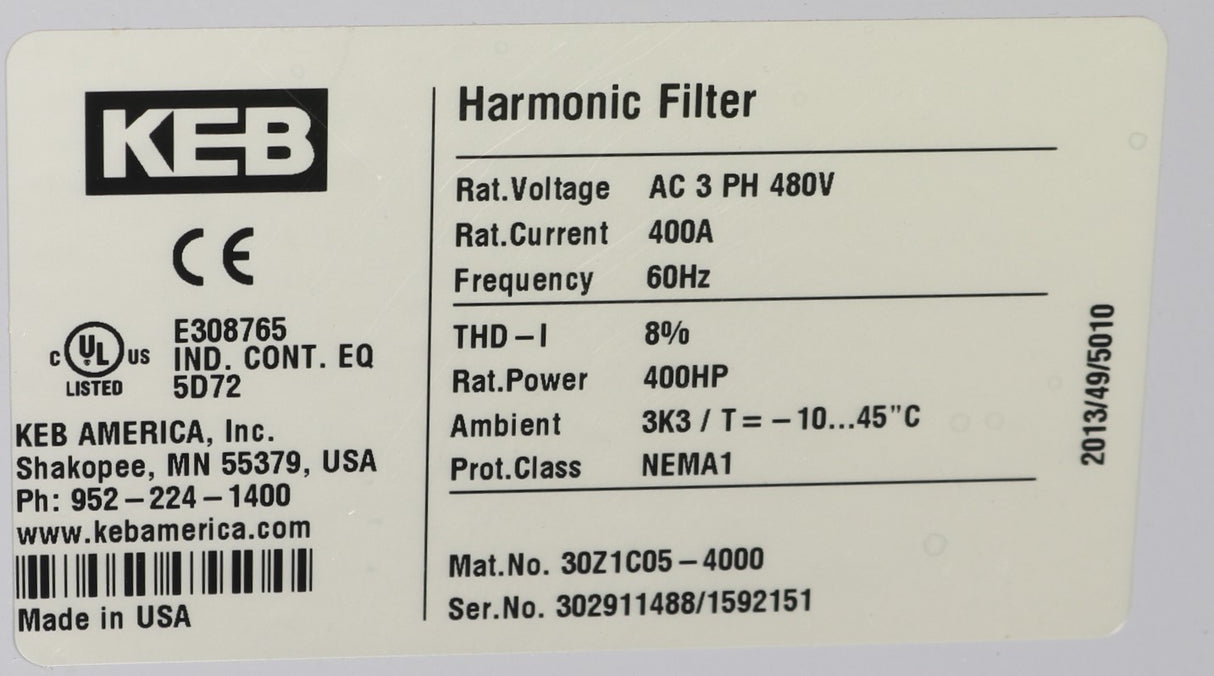 KEB AUTOMATION   ­-­ 30Z1C05-4000 ­-­ HARMONIC FILTER 480VAC 400A 400HP