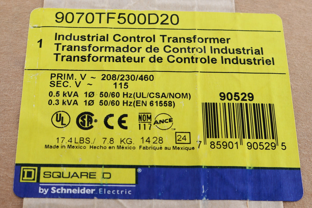 SCHNEIDER ELECTRIC ­-­ 9070TF500D20 ­-­ TRANSFORMER 208/230/460V PRI 115V SEC 0.5kVA FUSED