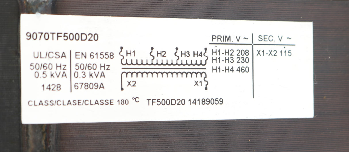 SCHNEIDER ELECTRIC - SQUARE D/MODICON/MERLIN GERIN ­-­ 9070TF500D20 ­-­ TRANSFORMER 208/230/460V PRI 115V SEC 0.5kVA FUSED