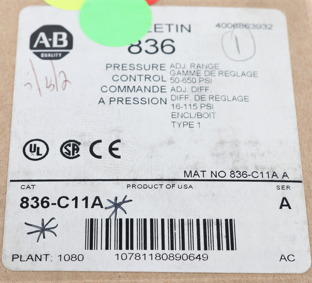 ALLEN-BRADLEY ­-­ 836-C11A ­-­ PRESSURE SWITCH SPST 50-650psi