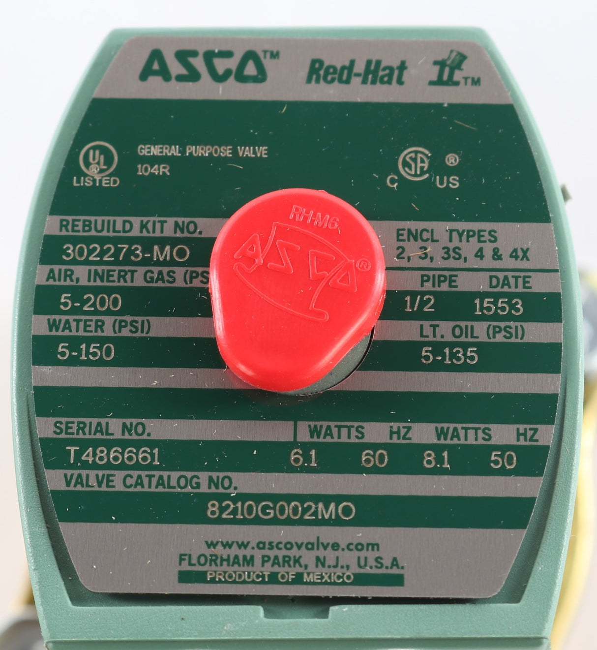 EMERSON - ASCO / JOUCOMATIC / REDHAT ­-­ 8210G002MO ­-­ SOLENOID VALVE 2-WAY 1/2in NPT 120V COIL