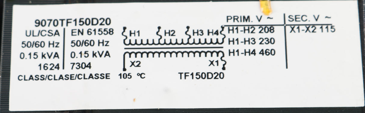 SCHNEIDER ELECTRIC ­-­ 9070TF150D20 ­-­ TRANSFORMER 150VA 208/230/460V PRIM 115V SEC FUSED