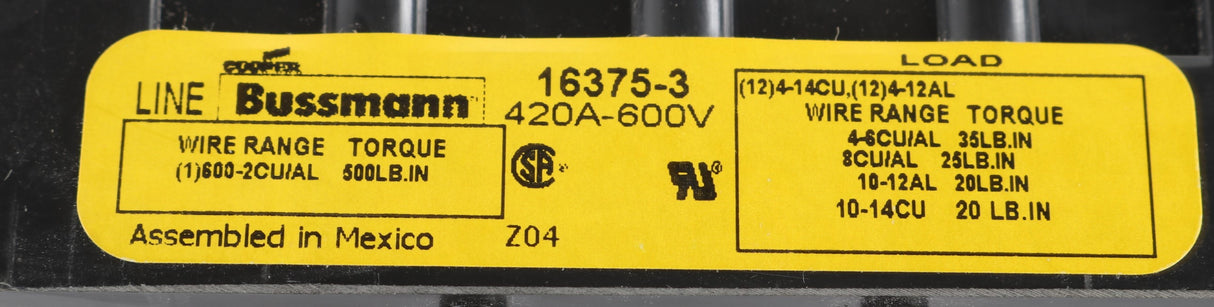 EATON ­-­ 16375-3 ­-­ TERMINAL BLOCK 420A 3P #2 x 12 #4 PORTS