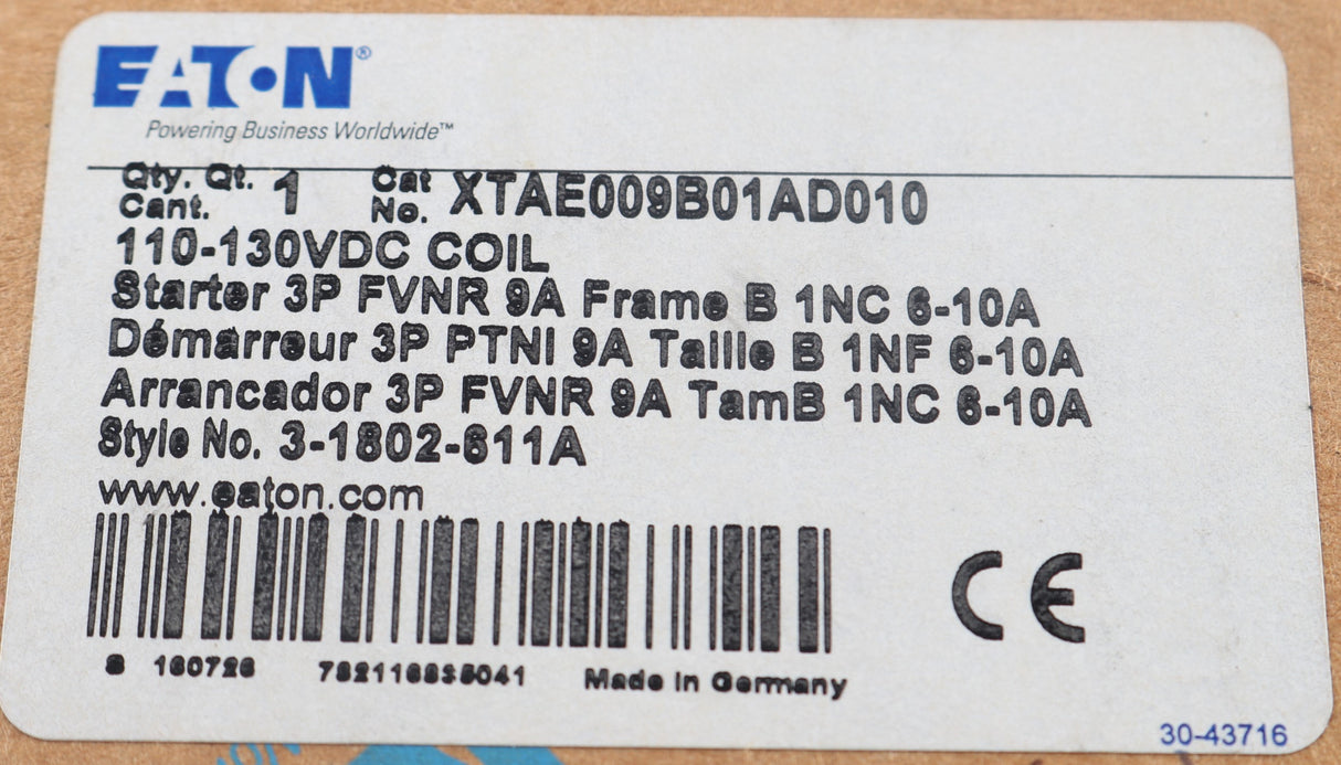 CUTLER HAMMER  ­-­ XTAE009B01AD010 ­-­ IEC NON-REVERSE MOTOR STARTER 3PH 120VDC COIL 9A