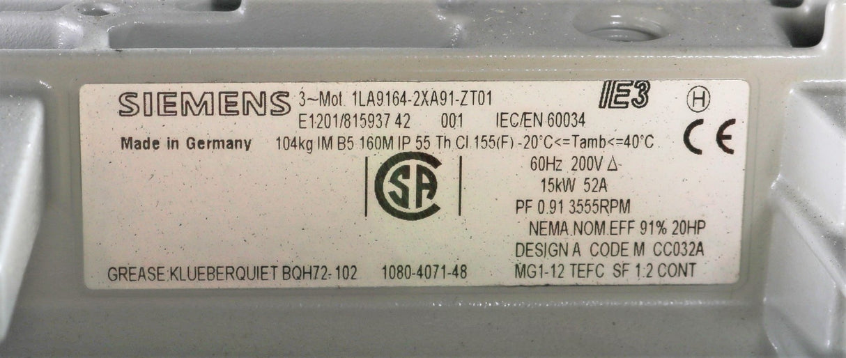 SIEMENS ­-­ 1LA9164-2XA91-ZT01 ­-­ ELECTRIC MOTOR 15kW 200V 60Hz