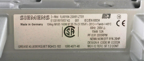 SIEMENS ­-­ 1LA9164-2XA91-ZT01 ­-­ ELECTRIC MOTOR 15kW 200V 60Hz