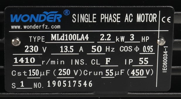 WONDERPOWER MOTORS ­-­ MLD100LA4 ­-­ SINGLE PHASE AC MOTOR 1 1/2" SHAFT L 1 7/64"DIA.