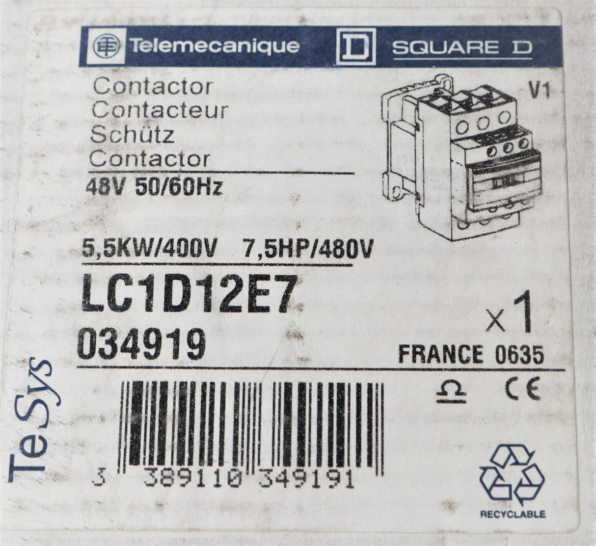 TELEMECANIQUE  ­-­ LC1D12E7 ­-­ CONTACTOR 48VAC   5.5kW  7.5 HP