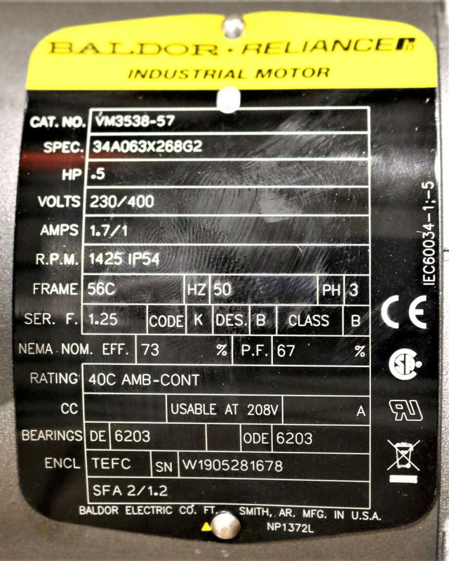 BALDOR ­-­ VM3538-57 ­-­ ELECTRIC MOTOR 0.5HP 230/400V 50Hz 56C 3PH