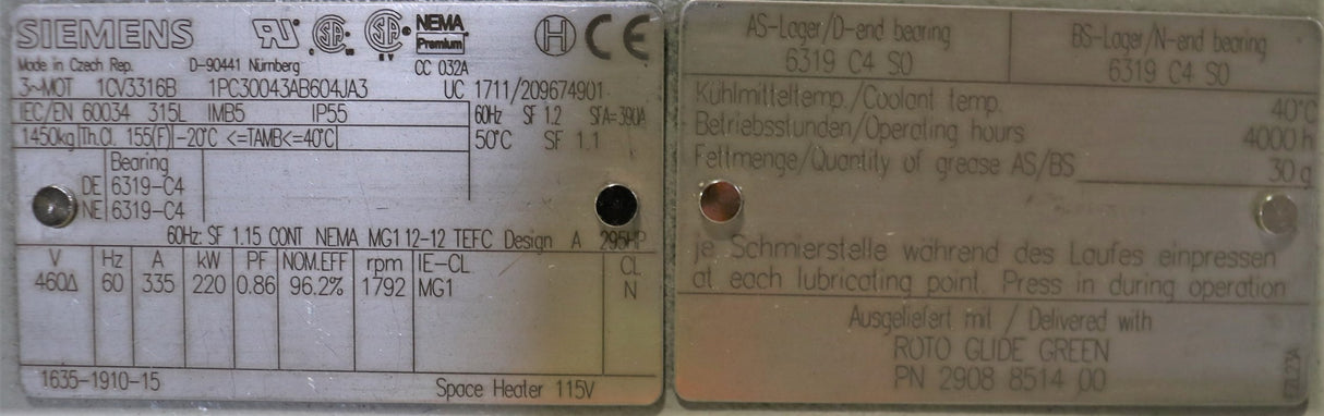 SIEMENS ­-­ 1CV3316B_1PC30043AB604JA3 ­-­ ELECTRIC MOTOR 220kW 460V 60Hz 315L