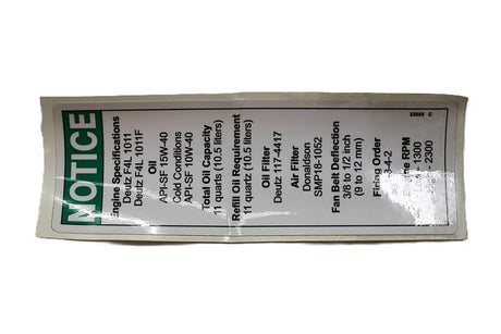 JLG ­-­ 70043892 ­-­ DECALNOTICE DEUTZ ENG SPEC