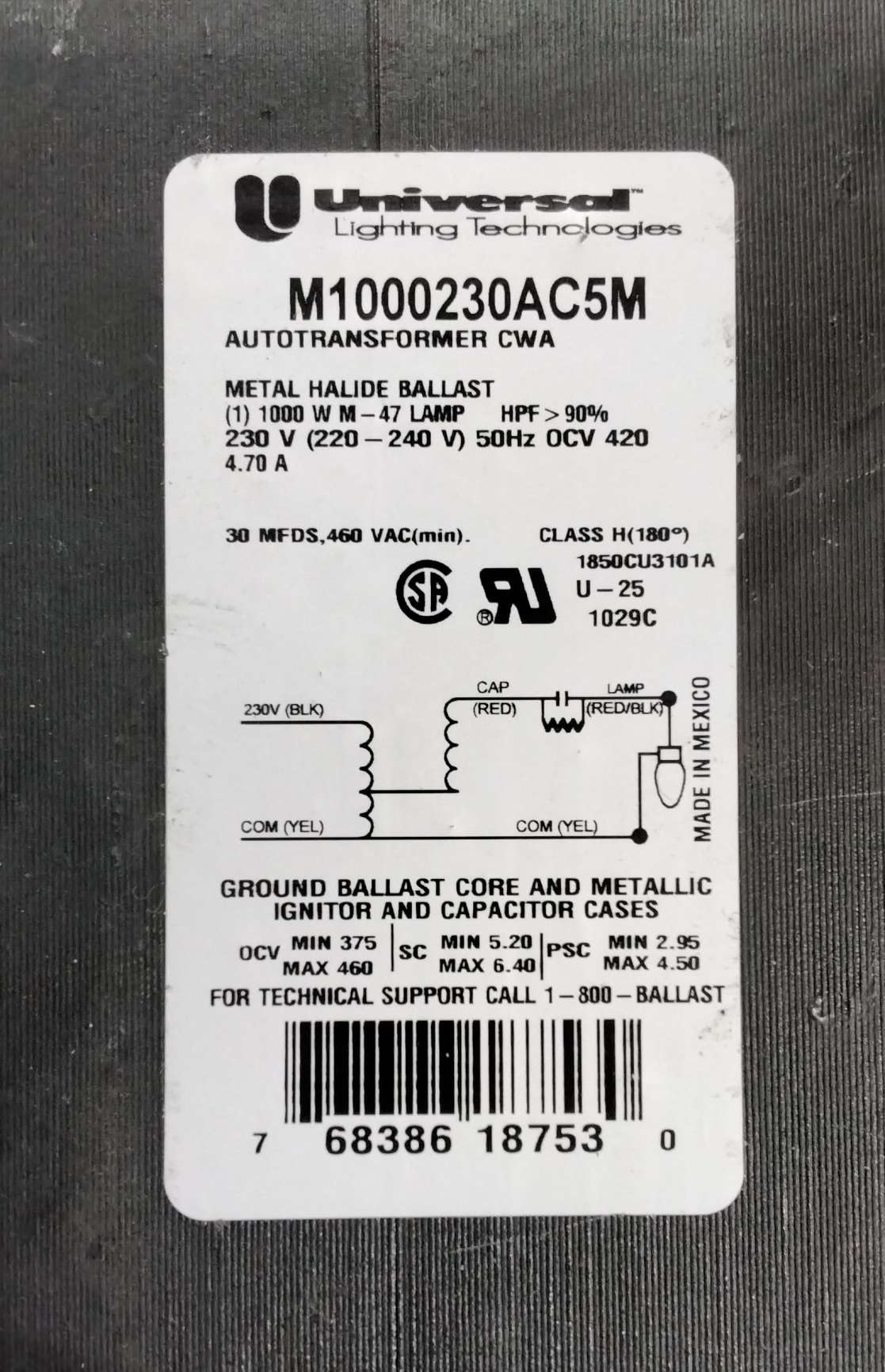 UNIVERSAL LIGHTING  ­-­ M1000230AC5M ­-­ BALLAST FOR METAL HALIDE 1KW 230V 50Hz