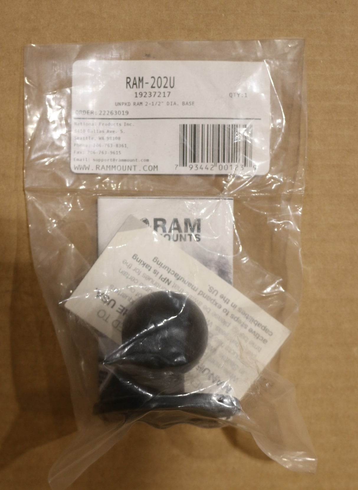 NATIONAL PRODUCTS - RAM MOUNTS ­-­ RAM-202U ­-­ BALL MOUNT - 2.5in BASE