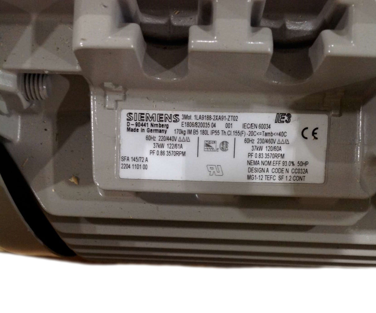 SIEMENS ­-­ 1LA9188-2XA91-ZT02 ­-­ ELECTRIC MOTOR 37kW 220/230/440/460V 60Hz 3PH