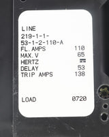 AIRPAX  ­-­ 219-1-1-53-1-2-110-A ­-­ CIRCUIT BREAKER 110A DC 1POLE  MAX V. 65  DELAY 53