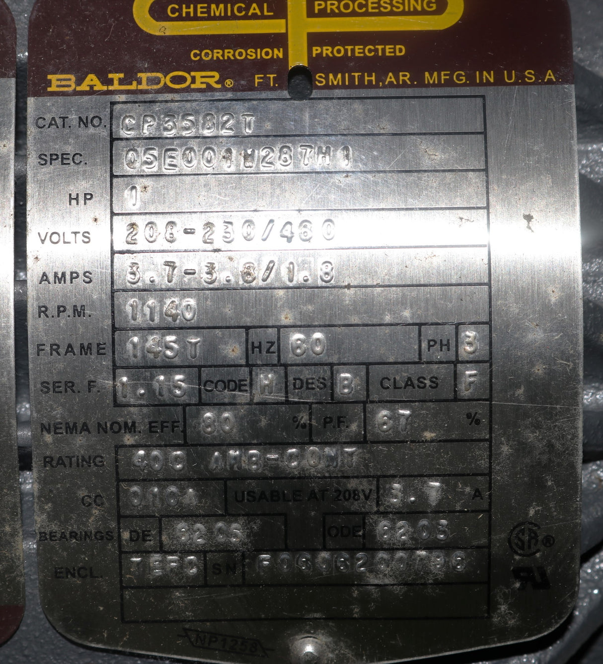 BALDOR  ­-­ 05E001W287H1 ­-­ ELECTRIC MOTOR 1 HP 208-230/460V 60Hz 3PH 145T