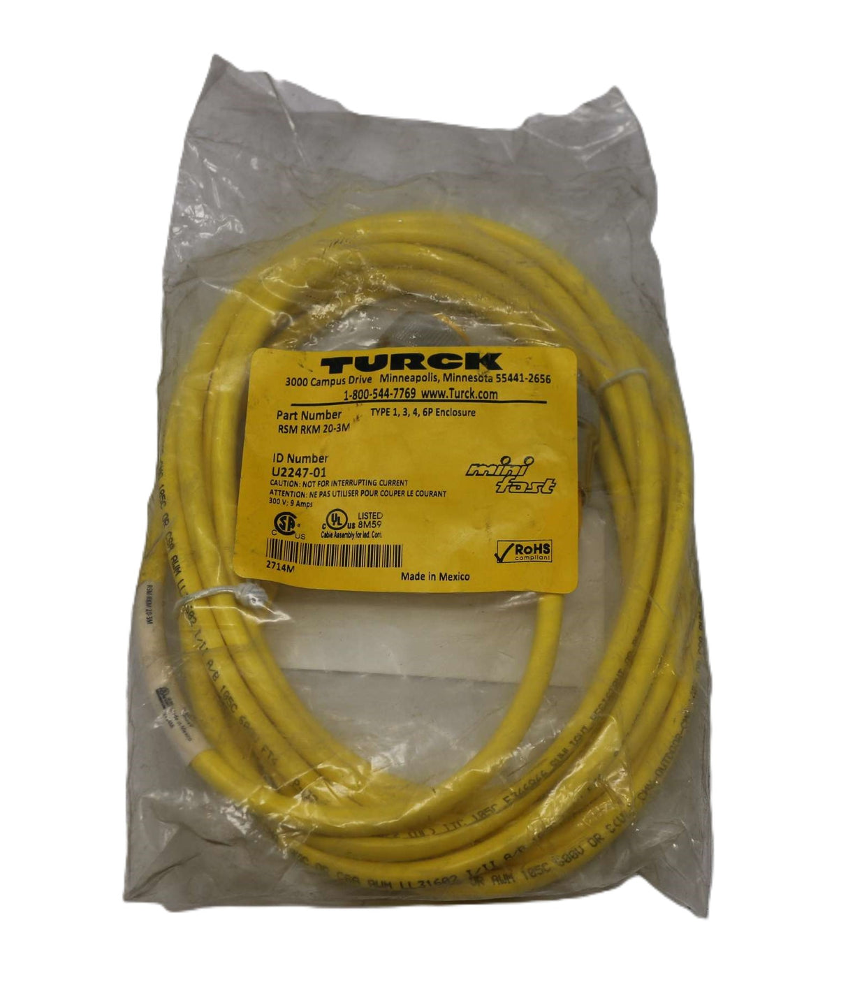 TURCK ­-­ RSM-RKM-20-3M ­-­ CORDSET 18GA 2PIN-2SOC 3-METER