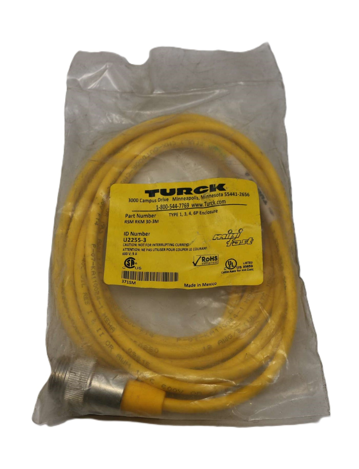 TURCK ­-­ RSM-RKM-30-3M ­-­ CORDSET 18GA 3PIN-3SOC 3-METER