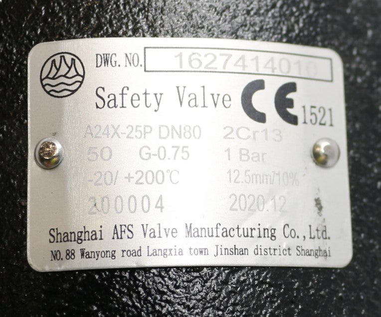 SHANGHAI AFS VALVE MANUFACTURING CO. LTD. ­-­ A24X-25P ­-­ PRESSURE RELIEF VALVE 15PSI 3in NPT 2186SCFM