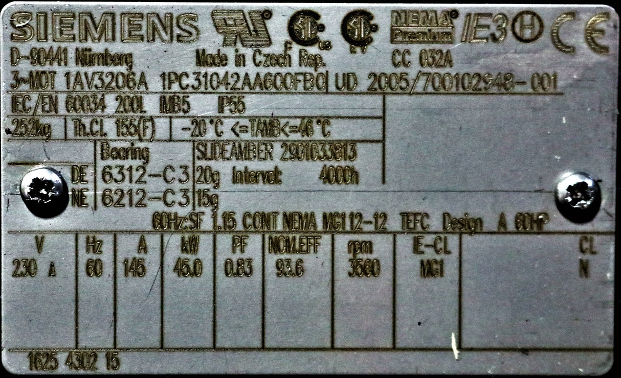 SIEMENS ­-­ 1PC3104-2AA60-0FB0 ­-­ MOTOR ASSY 45KW 230/60 CSA/UL