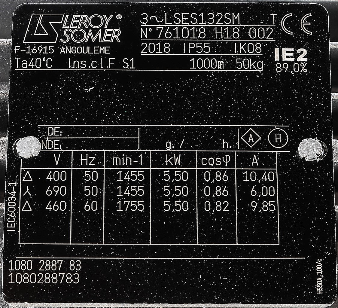 LEROY SOMER  ­-­ 761018 H18/002 ­-­ ELECTRIC MOTOR 5.5kW 400/690V  50/60Hz: LSES132SM