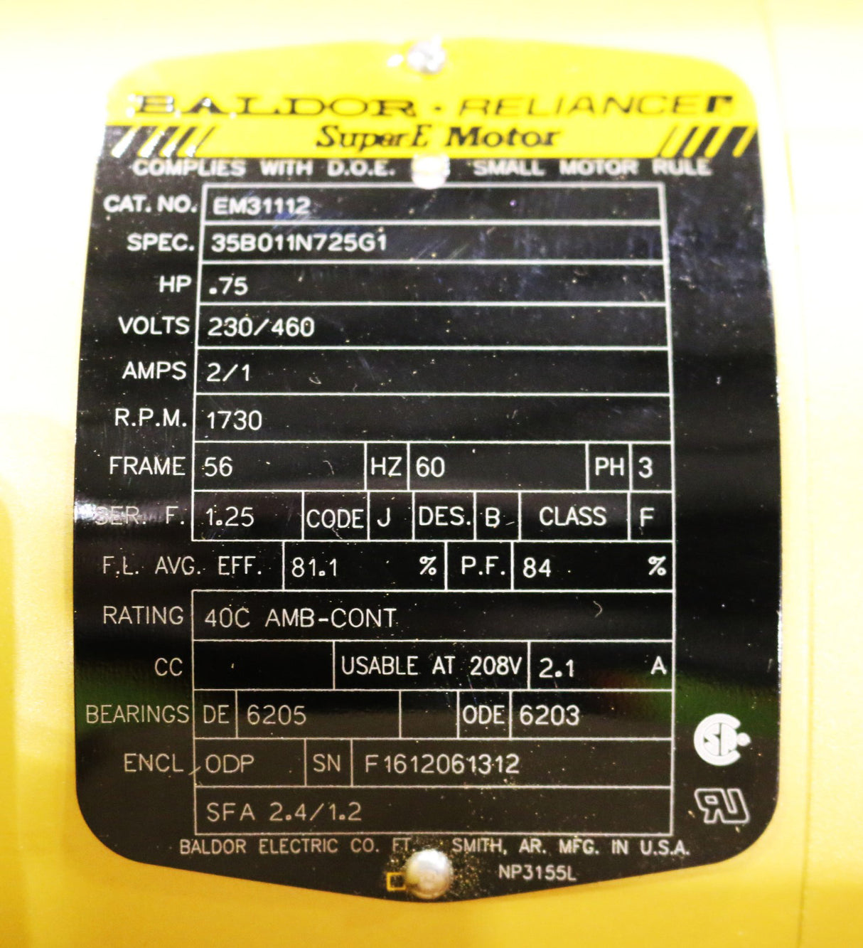 BALDOR  ­-­ 35B011N725G1 ­-­ ELECTRIC MOTOR .75HP 230/460V 60Hz