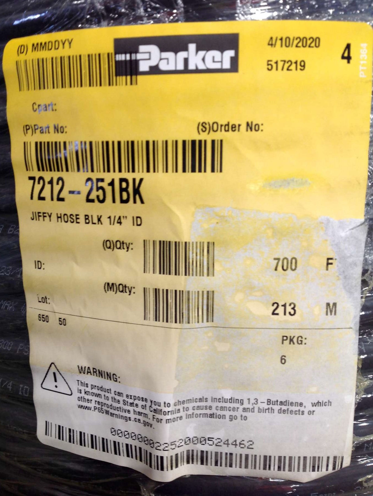 PARKER ­-­ 7212-251BK ­-­ JIFFY HOSE:.25"ID X .5"OD (700FT ROLL) ($/ROLL)